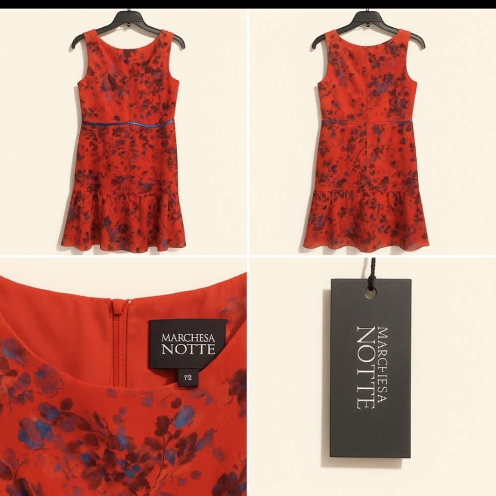 Marchesa Red Floral Sleeveless Midi Dress with Navy Floral Print Luxury - Picture 2 of 8
